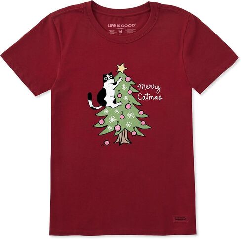 Life is Good. Women's Merry Catmas Climber Tree Short Sleeve Crusher Tee, Adirondack Red in Saudi Arabia