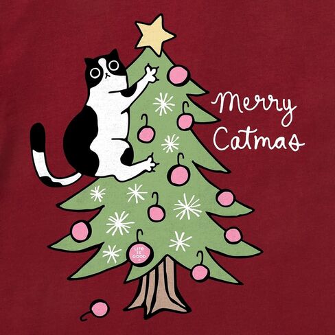Life is Good. Women's Merry Catmas Climber Tree Short Sleeve Crusher Tee, Adirondack Red in Saudi Arabia