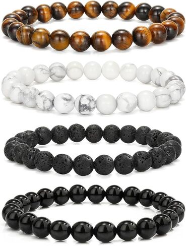 Mens Natural Stone Beaded Bracelets 8MM Stretch Adjustable Tiger Eye, Matte Agate, Lava Rock Beaded Bracelet Set for Men Gifts in Saudi Arabia