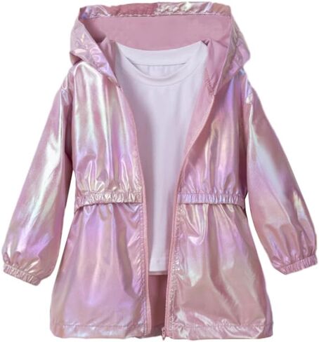 Girl's Thin Coat With Gradient Iridescent Hooded Jacket Waterproof Outwear Rain Jacket with Lining 2-9 Years in Saudi Arabia