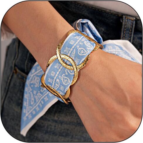 Western Hair Tie Bracelets for Women, Boho Gold Chain & Blue Paisley Scarf Bracelet, Adjustable Hair Tie Bracelets, Vintage Bohemian Western Bracelets for Festival Vacation Gift in Saudi Arabia