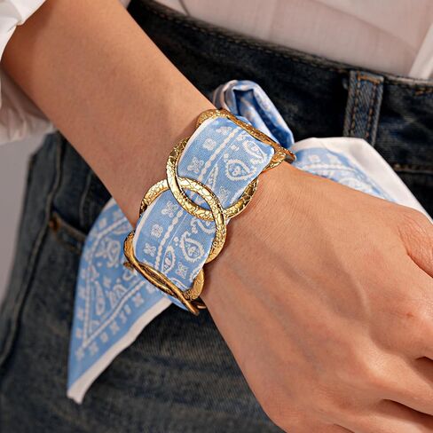 Western Hair Tie Bracelets for Women, Boho Gold Chain & Blue Paisley Scarf Bracelet, Adjustable Hair Tie Bracelets, Vintage Bohemian Western Bracelets for Festival Vacation Gift in Saudi Arabia