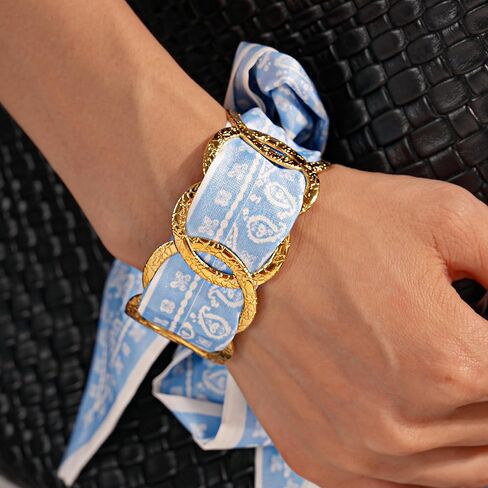 Western Hair Tie Bracelets for Women, Boho Gold Chain & Blue Paisley Scarf Bracelet, Adjustable Hair Tie Bracelets, Vintage Bohemian Western Bracelets for Festival Vacation Gift in Saudi Arabia