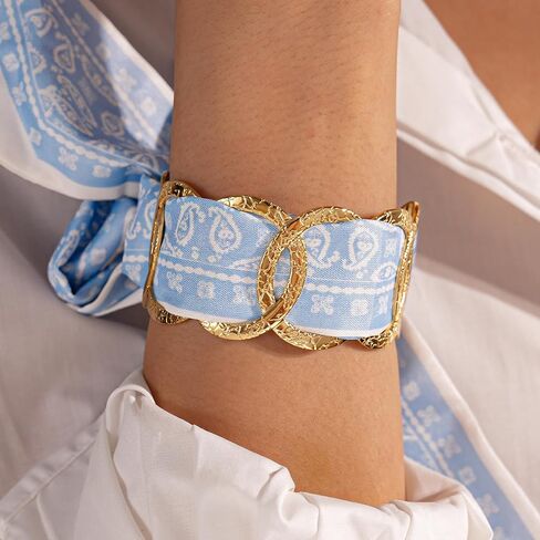 Western Hair Tie Bracelets for Women, Boho Gold Chain & Blue Paisley Scarf Bracelet, Adjustable Hair Tie Bracelets, Vintage Bohemian Western Bracelets for Festival Vacation Gift in Saudi Arabia