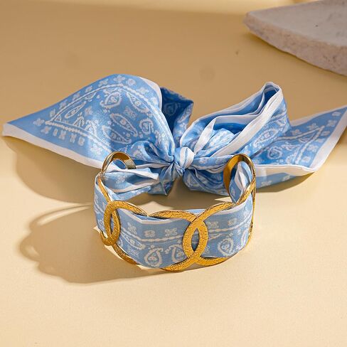 Western Hair Tie Bracelets for Women, Boho Gold Chain & Blue Paisley Scarf Bracelet, Adjustable Hair Tie Bracelets, Vintage Bohemian Western Bracelets for Festival Vacation Gift in Saudi Arabia