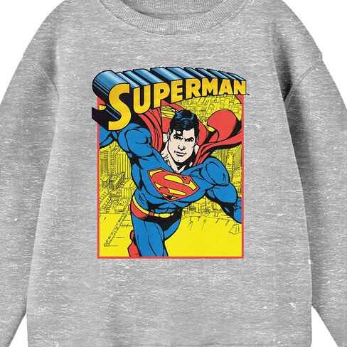 Bioworld Superman Flying Above City Crew Neck Long Sleeve Athletic Heather Boy's Sweatshirt in Saudi Arabia