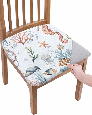 Coastal Chair Seat Covers for Dining Room Stretch Chair Seat Covers Set of 4,Chair Seat Protector Cushion Slipcovers for Kitchen Office Jellyfish Seahorse Shells Corals Starfish Seaweed Watercolor in Kuwait