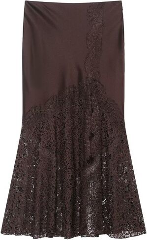 Women's Elegant High Waist Satin Midi Skirt with Lace and Slit Detail, Hollow-Out Design Flare Ruffle Hem in Saudi Arabia