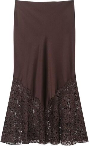 Women's Elegant High Waist Satin Midi Skirt with Lace and Slit Detail, Hollow-Out Design Flare Ruffle Hem in Saudi Arabia