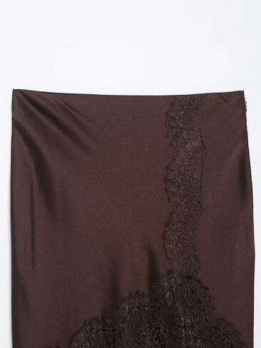 Women's Elegant High Waist Satin Midi Skirt with Lace and Slit Detail, Hollow-Out Design Flare Ruffle Hem in Saudi Arabia