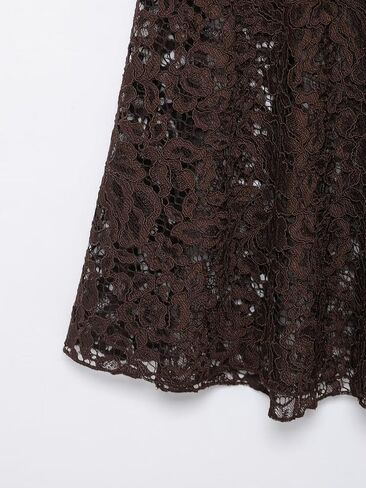 Women's Elegant High Waist Satin Midi Skirt with Lace and Slit Detail, Hollow-Out Design Flare Ruffle Hem in Saudi Arabia