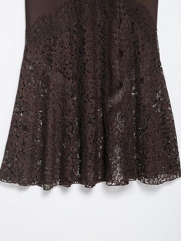 Women's Elegant High Waist Satin Midi Skirt with Lace and Slit Detail, Hollow-Out Design Flare Ruffle Hem in Saudi Arabia