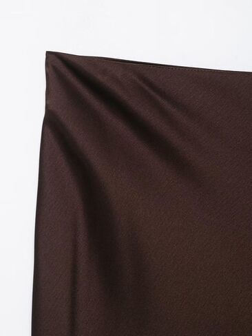 Women's Elegant High Waist Satin Midi Skirt with Lace and Slit Detail, Hollow-Out Design Flare Ruffle Hem in Saudi Arabia