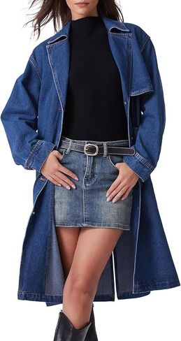 Kedera Women's Long Denim Trench Coat Long Sleeve Button Down Oversized Jean Jacket with Belt in Saudi Arabia