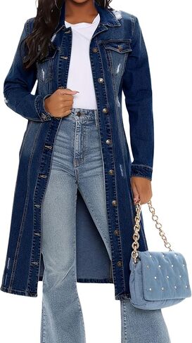 Women's Denim Jacket,Long Denim Trench Coat, Distressed Blue Jean Jacket, Button Down Maxi Length with Ripped Details,Vintage in Saudi Arabia