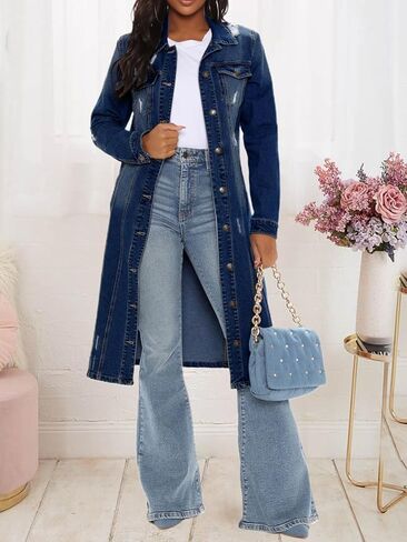 Women's Denim Jacket,Long Denim Trench Coat, Distressed Blue Jean Jacket, Button Down Maxi Length with Ripped Details,Vintage in Saudi Arabia