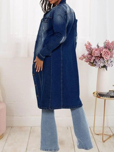 Women's Denim Jacket,Long Denim Trench Coat, Distressed Blue Jean Jacket, Button Down Maxi Length with Ripped Details,Vintage in Saudi Arabia