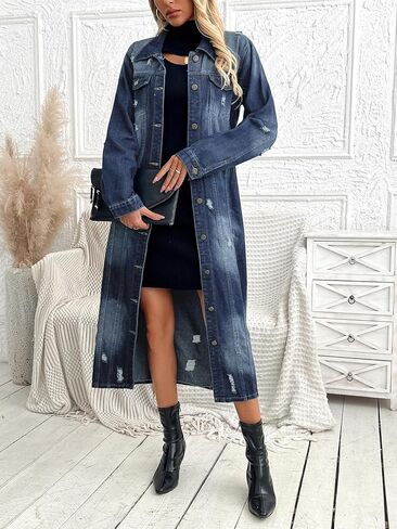 Women's Denim Jacket,Long Denim Trench Coat, Distressed Blue Jean Jacket, Button Down Maxi Length with Ripped Details,Vintage in Saudi Arabia