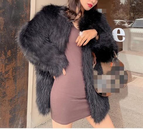 معطف نسائي من الفرو الصناعي مفتوح من الأمام، جاكيت طويل، ملابس شتوية، معطف دافئ منفوش، معطف قطيفة in Kuwait