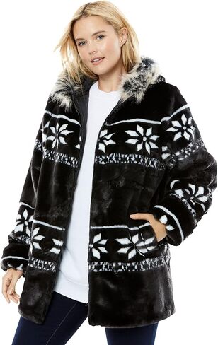 Woman Within Plus Size Faux Fur Snowflake Print Hooded Jacket in Saudi Arabia