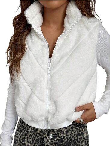 MakeMeChic Women's Fuzzy Zip Up Vest Crop High Neck Sleeveless Jacket Outerwear in Saudi Arabia