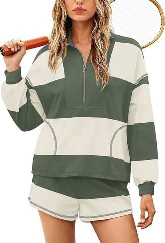 Yanekop womens Lounge Sets 2 Piece Outfits Oversized Striped Set Matching Sweat Sets Long Sleeve Shirt and Shorts Set in Saudi Arabia