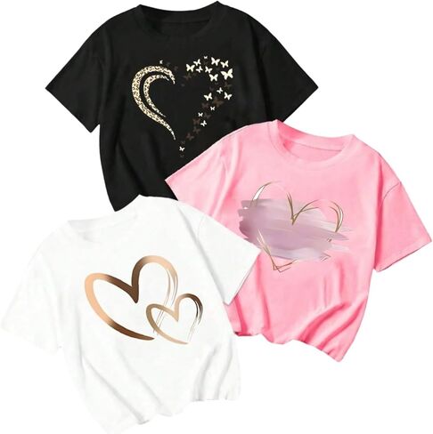 Girl's 3 Packs Graphic Tees Set Letter Graphic Crew Neck Short Sleeve T Shirt Set Casual Summer Tops in Saudi Arabia