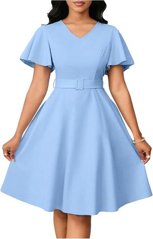 Women's Elegant Ruffle Sleeve Dress Summer V Neck Belted A Line Flowy Work Office Dresses in Saudi Arabia