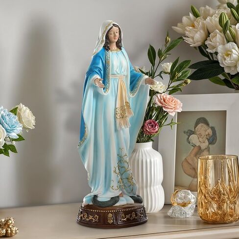 Virgin Mary Statue 16.3 Inch, Our Lady of Grace Sculpture, Hand-Painted Catholic Home Altar Decor, Elegant Indoor Resin Statue, Religious Gift for Mother, Grandma in Saudi Arabia