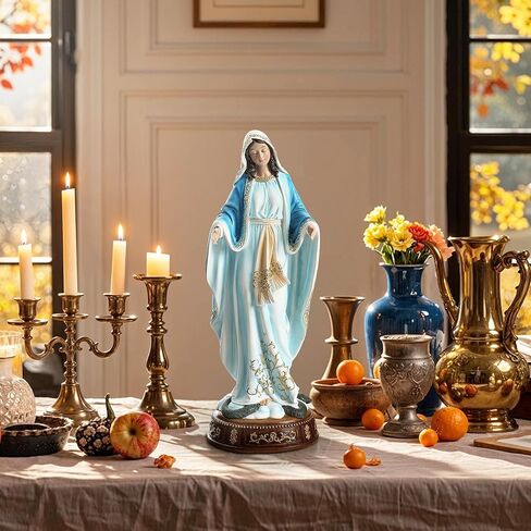Virgin Mary Statue 16.3 Inch, Our Lady of Grace Sculpture, Hand-Painted Catholic Home Altar Decor, Elegant Indoor Resin Statue, Religious Gift for Mother, Grandma in Saudi Arabia