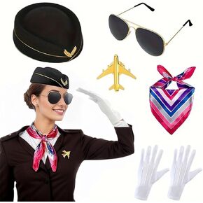 Flight Costume Set Beret Scarf White Gloves Sunglasses Airplane Pin Role Play Party Halloween Cosplay in Kuwait