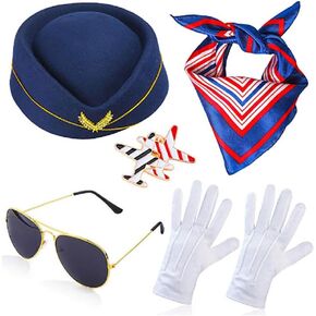 Flight Costume Set Beret Scarf White Gloves Sunglasses Airplane Pin Role Play Party Halloween Cosplay in Saudi Arabia