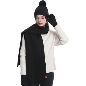 مجموعة قبعة شتوية ووشاح وقفازات للنساء - ناعمة ودافئة ومتوافقة مع شاشة اللمس، قبعة صغيرة متماسكة مبطنة بالصوف مع بوم بوم in Kuwait