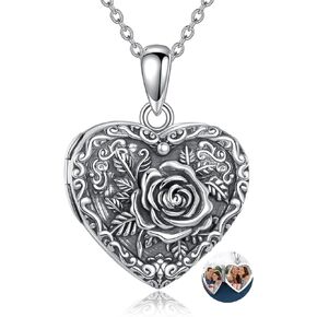 TIGER RIDER Rose Heart 925 Sterling Silver Locket Necklace Flower Pendant that Hold Picture Jewelry Gift for Women Birthday Christmas in Saudi Arabia