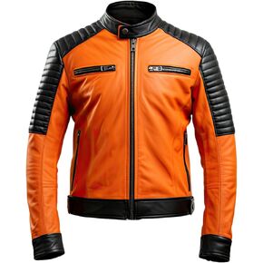 Buy & Catch Online Store Men Cafe Racer Orange Motorcycle Jacket Quilted Leather Biker Zipper Rider Moto Jacket, Small in Saudi Arabia