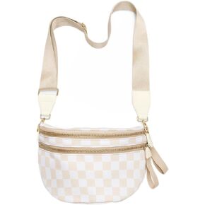 حقيبة كروس مربعة للنساء: حقيبة كبيرة من النايلون فاني باك، حقيبة خصر مقاومة للماء متعددة الأغراض للسفر وأحداث الاستاد وملابس الخريف (نمط مربعات بيج) in Kuwait