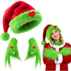 Hikkcos Green Monster Furry Gloves Christmas Lime Green Santa Hat with Red Heart for Christmas Halloween Cosplay Costume in Kuwait