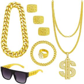 Hip Hop Costume Kit 8PCS – Gold Accessories Set with Sunglasses, Fake Gold Chain for 80s 90s Rapper, Costume Jewelry Set for Halloween Party in Saudi Arabia