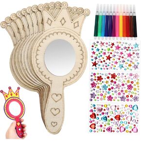Toddmomy 1set Handheld Mirrors for Boys and Girls Unfinished Wood Shaped Craft Mirrors Watercolor Pens Rhinestone Creative Art Activity for Boys and Girls in Saudi Arabia