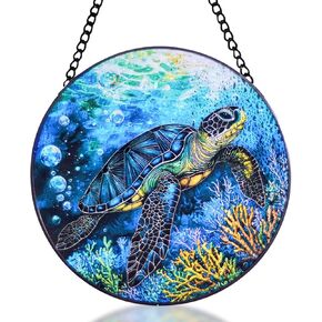 Stained Glass Window Hanging Sea Turtle Sun Catchers Colorful Glass Panel Marine Animal Suncatcher Decor for Birthday for Women,Men,Wife, Lovers, and Mom in Saudi Arabia