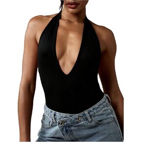 Milumia Women's Deep V Neck Halter Bodysuit Sleeveless Open Back Going Out Party Leotard in Saudi Arabia