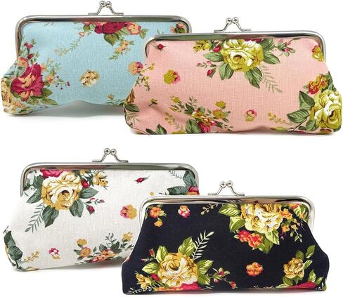 "4PCS Elegant Floral Canvas Coin Purse Kiss Lock Change Purse Vintage Rose Pattern Clasp Closure Wallet for Women, 4 Colors" in Saudi Arabia