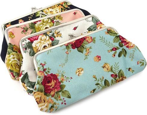 "4PCS Elegant Floral Canvas Coin Purse Kiss Lock Change Purse Vintage Rose Pattern Clasp Closure Wallet for Women, 4 Colors" in Saudi Arabia