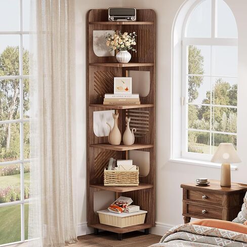 Tribesigns 6-Tier Tall Corner Shelf, 71-Inch Rustic Narrow Corner Bookshelf Bookcase with Square Rack, Freestanding Corner Display Storage Shelf Organizer for Living Room, Kitchen, Office, Brown in Saudi Arabia