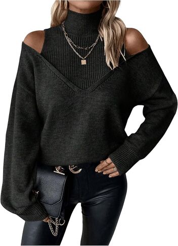 Women's Cold Shoulder Sweater Sexy Turtelneck Cut Out Pullover Sweater Casual Long Sleeve High Neck 2 in 1 Tops in Saudi Arabia