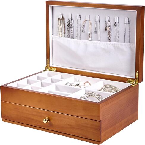 Wooden Jewelry Box with Drawer, Medium Size Real Natural Solid Wood, 2-Layer Vintage Organizer with Earring Storage, Ring Compartments, Necklace Hooks, ek15-m-light in Kuwait