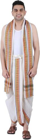 مجموعة مناشف PRAKASAM COTTON الرجالية المتوافقة مع Panchakacham الجاهزة (جاهزة للارتداء) مع جيب - مقاس حر (أبيض فاتح) in Kuwait