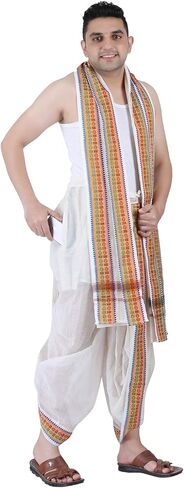 مجموعة مناشف PRAKASAM COTTON الرجالية المتوافقة مع Panchakacham الجاهزة (جاهزة للارتداء) مع جيب - مقاس حر (أبيض فاتح) in Kuwait
