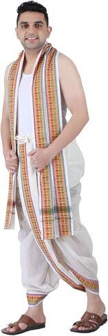مجموعة مناشف PRAKASAM COTTON الرجالية المتوافقة مع Panchakacham الجاهزة (جاهزة للارتداء) مع جيب - مقاس حر (أبيض فاتح) in Kuwait