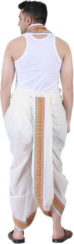 مجموعة مناشف PRAKASAM COTTON الرجالية المتوافقة مع Panchakacham الجاهزة (جاهزة للارتداء) مع جيب - مقاس حر (أبيض فاتح) in Kuwait
